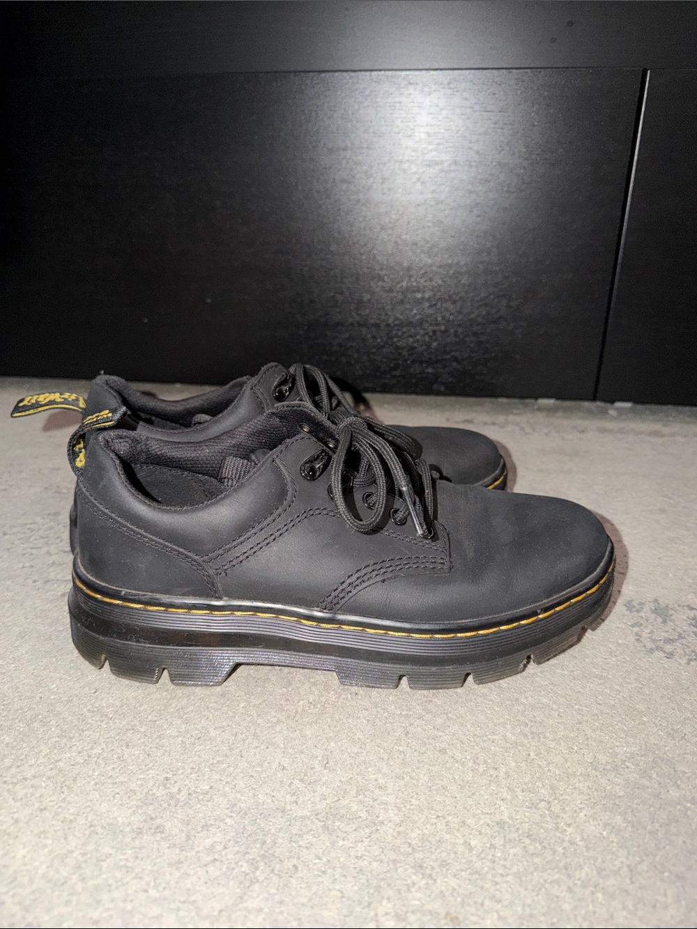 Dr. Martens Black Leather Chunky Lace-Up Oxfords with Yellow Stitch